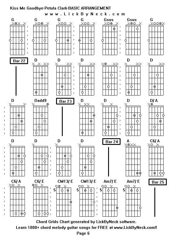 Chord Grids Chart of chord melody fingerstyle guitar song-Kiss Me Goodbye-Petula Clark-BASIC ARRANGEMENT,generated by LickByNeck software.